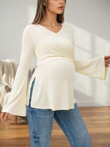 Maternity V-Neck Long Ruffle Sleeve Wrap Top, High Elasticity Polyester Fabric, Side Slit Hem - Apricot - View 4