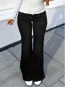 1pc Casual Solid Color Sexy Denim Button Zipper Pocket Women Jeans, Suitable For Daily Wear, Singles Party, All Season, Spring/Autumn - Black - View 3