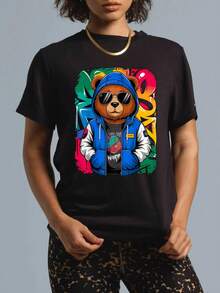 100% Cotton Hip Hop Teddy Bear With Sunglasses Rap Music T-Shirt Women's Men's Black Crew Neck T-Shirt Breathable Summer Tee Vacation Tops Fashion T-Shirt Dress - Black - View 1