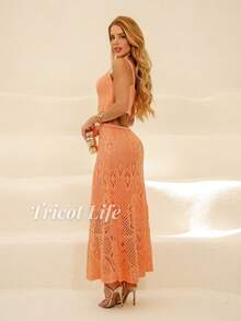 Vestido Midi Feminino Tricot Rendado Festa Praia Sofisticado Reveillon Natal Ferias Praia Casamento Madrinha - Pêssego - Visão 2
