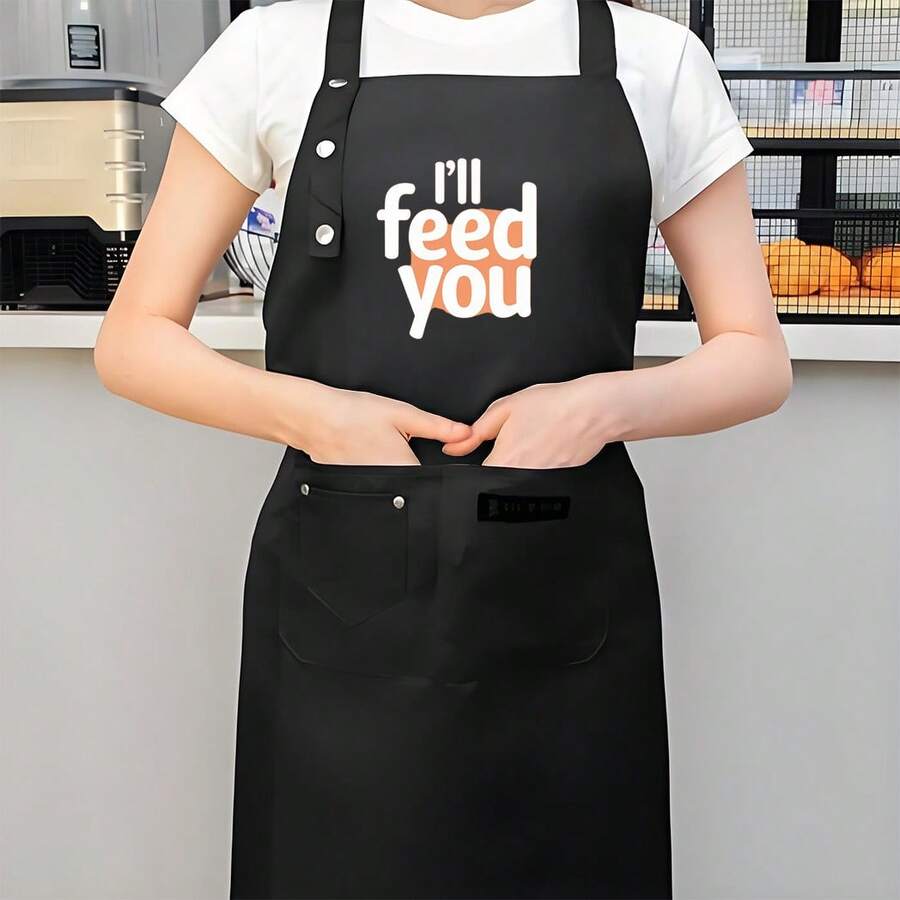 1 High-Quality Kitchen Apron - Black With "I'll Feed You" Letter Print - Easy-To-Clean Apron For Chefs, Suitable For Cooking, Baking, Painting, And Gardening - Durable Polyester Apron For Home And Professional Use, High-Quality Apron With Fun Design, Sturdy Construction, Ideal For DIY Crafters - AZX0001 - Xem 1