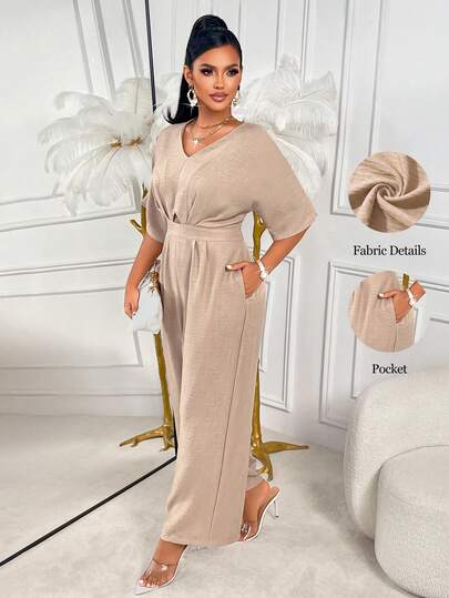 AIJ Amarilo Women's Solid Color Deep V-Neck Batwing Three-Quarter Sleeves Fitted Waist Jumpsuit - Casual, Everyday, Date & Commuting