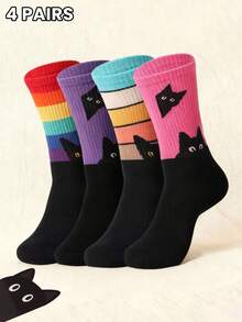 1/4 đôi tất mèo đen dễ thương dành cho nữ, tất cổ cao họa tiết sọc cầu vồng nhiều màu sắc hình động vật ngộ nghĩnh, quà tặng tất thường ngày mới lạ cho người yêu mèo - Nhiều màu - Xem 16