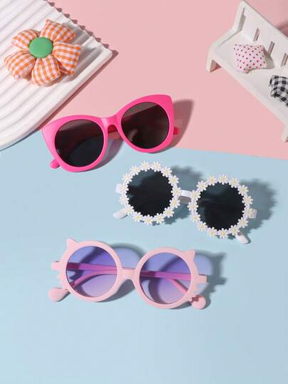 1 Set 3 PCS Girls 4-8Y Candy Color Cute Cat Ear, Bohemian Flower Frame And Casual Cat Eye Fashion Glasses, Suitable For Holiday Outings, Daily Outfit Matching, And Festival Gifts