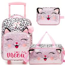 儿童带轮行李箱套装，可爱猫咪图案软壳旅行箱，16英寸登机箱，带旅行袋，符合航空公司规定