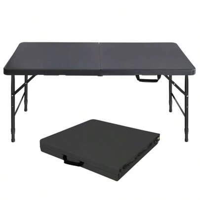 125cm Portable Heavy Duty Folding Table With Handle, Adjustable Height Foldable Table, Multi-Functional Fold Up Table For Camping Picnic Parties Indoor/Outdoor, Capacity Weight 135KG (Black)