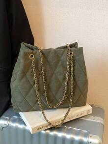 大容量时尚手提包，加厚绗缝刺绣，柔软舒适，冬季链条肩带斜挎包，女士款 - 墨綠色 - 查看 5