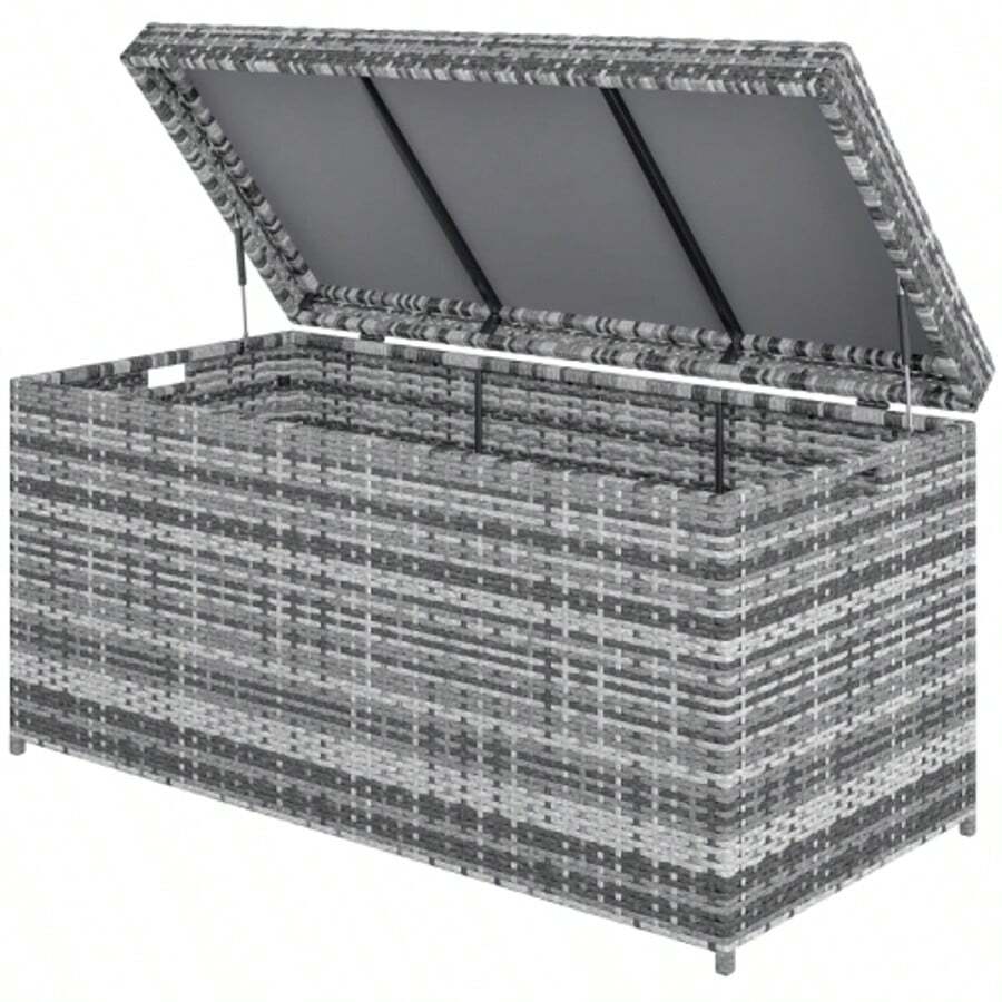 Outsunny Rattan Auflagenbox 380L Wetterfest Kissenbox mit Deckel Eingebautem Griff Staurum UV-beständig Gartenbox Aufbewahrungsbox Beistelltisch Gartentruhe für Garten Balkon 130x61x65 cm Dunkelgrau - Grå - Visa 1