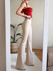 优雅修身高腰喇叭皮裤，修身保暖，适合秋冬日常穿着 - 杏色 - 查看 4