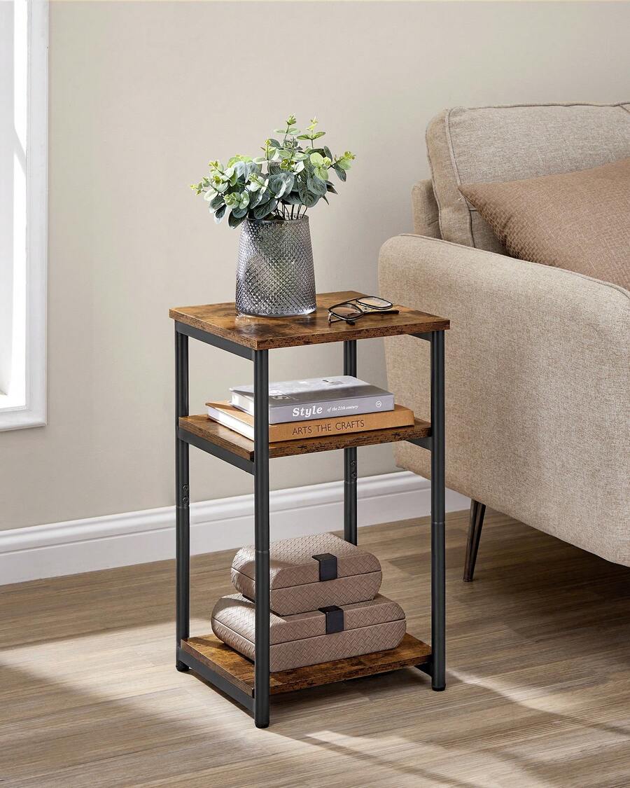 Sofa Side Table, 3-Tier End Table, Bedside Table With Steel Frame, For Living Room, Bedroom, Home Office, Industrial Style, Rustic Brown And Classic Black - Chocolate Brown - View 1