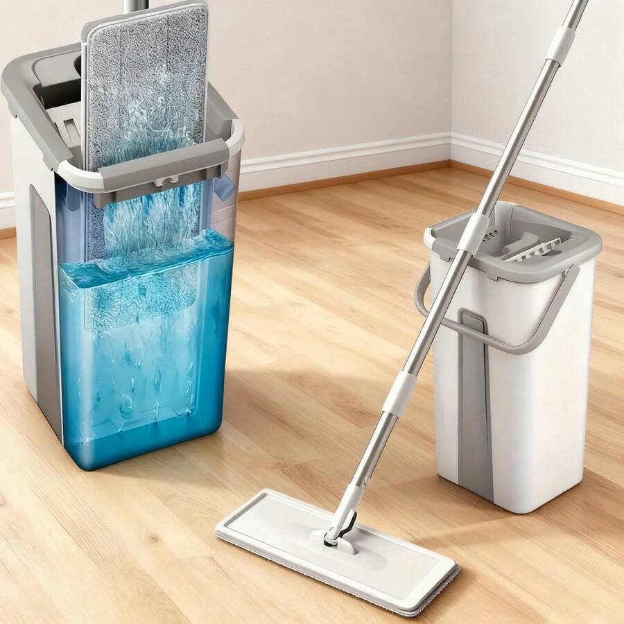 Hands-Free Flat Mop And Bucket Set With Long Handle, Wringer, 3 Reusable Microfiber Pads, 360° Flexible Swivel For Floor Cleaning And Wall Cleaning, Mop And Bucket Cleaning Set - 配備3塊布 - 查看 1