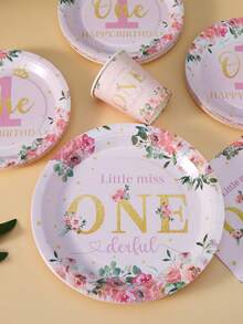 100/25/10pcs Pink Floral Happy Birthday Disposable Plates, Napkins, Cups, Suitable For 1st Birthday Floral Theme Party Supplies, Serves 25 Guests, Disposable Paper Plates Party Tableware For Birthday, Wedding, Party, Family Picnic - Multicolor - View 5