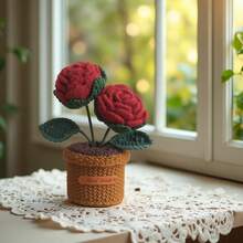 Handmade Crochet Flower Bouquet Desktop Decor, Handwoven Artificial Potted Plant, Creative Crochet Desktop Ornament, Suitable As Mother's Day, Anniversary, Birthday, Valentine's Day Gift, Or Home/Office Desk Decoration For Mom, Friends, Girlfriend - Multicolor - View 3