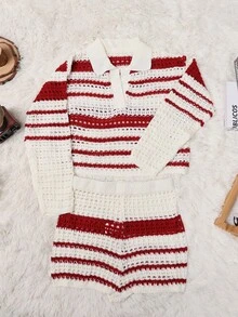 Apperloth A Y2K 性感 V 领长袖拼色条纹钩针短款上衣和超短裤 2 件套节日休闲毛衣套装