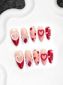 10pcs Red Romantic Valentine's Day Nail Art Set, Hand-Painted Heart Fake Nails, French Press-On Nails, Heart & Bow Nail Decorations, Gel Nail Kit, Includes Nail Tools (1 Jelly Sticker + 1 Nail File), 3 Sizes Available: Almond, Duck Mouth, Coffin, Suitable For Party, Anniversary, Valentine's Day, Daily Nail Care - 彩色 - 查看 3