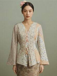 女士优雅马来西亚衬衫，刺绣拼接印花长袖上衣，腰部收紧设计