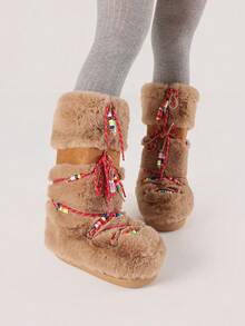 Women's Faux Fur Boots Winter Warm Fluffy Furry Mid Calf Snow Boots Flat Heel Comfortable Pull On Bead Embellished Shoes Christmas Gift - 駝色 - 查看 8
