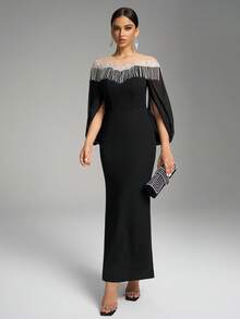 Fuaheng Asymmetrical Sleeve Luxury Pearl Embroidered Cinched Waist Bodycon Dress, Evening Gown Party - Black - View 4