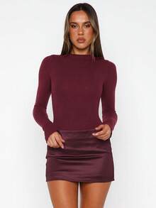 Awevudst Women's Bodycon Elegant Dress Mock Neck Long Sleeves Side Zipper Satin Patchwork Slim Fit Mini Pencil Dresses - Màu Đỏ Sâu - Xem 5