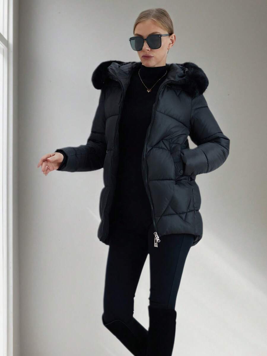 Áo khoác dài nữ, ấm áp cho mùa đông, kiểu dáng ôm sát có mũ trùm đầu bằng lông nhân tạo - màu đen - Xem 1