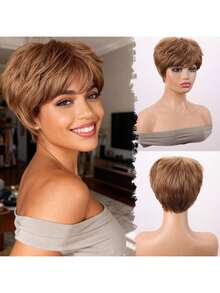 Short Wigs For Women With Bangs Gray Mixed Synthetic Hair Fiber Mixed Color Pixie Cut Wig Natural Looking Daily Use Hair - Multicolor - View 13