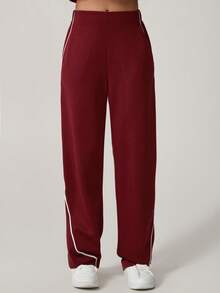 NcmRyu 1件装 女士高腰直筒条纹运动裤，带侧袋 - 酒紅色 - 查看 11