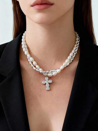 1pc Fashionable & Elegant Dual-Layer Faux Pearl & CCB Beaded Cross Pendant Necklace, Suitable For Women's Daily Wear, Business Or Casual, Great Gift For Friends, Holidays, Birthdays