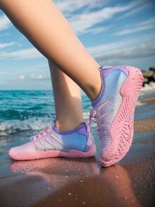 Kids Summer New Aqua Shoes, Striped Print, Breathable Mesh, Low-Top Hook And Loop, Quick-Dry Barefoot, Girls Beach/Swimming Shoes, Rubber Non-Slip Sole, Outdoor Cycling, Indoor Fitness Yoga Running Jumping Multifunctional Training Shoes - Pink - View 2