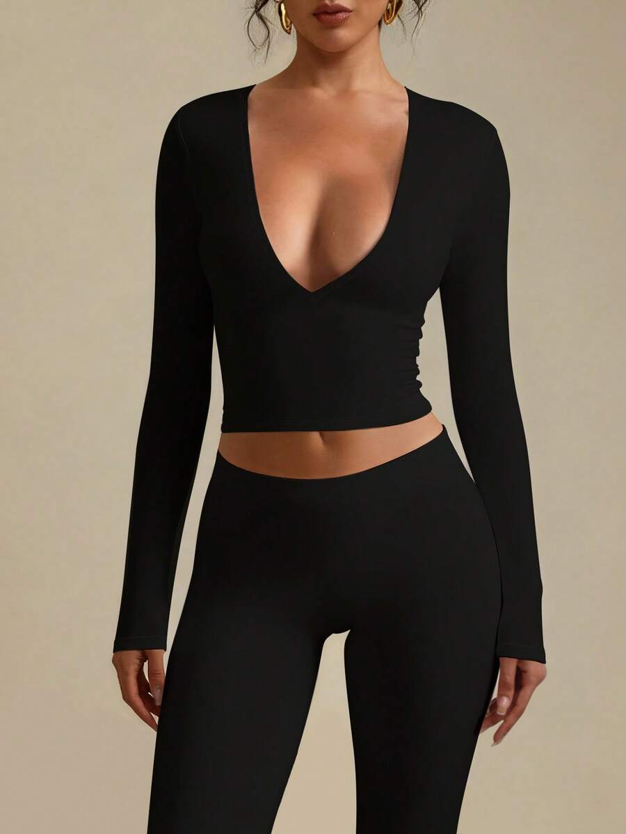 XLLAIS Sexy Deep V-Neck Long Sleeve Cropped Top, Lightweight Fabric, Basic T-Shirt, Summer Women's Clothing - Black - View 1