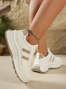 新款女鞋，时尚百搭系带圆头鞋，条纹装饰，纯色设计，舒适软底，休闲鞋，运动鞋，时尚鞋，平底鞋，适合日常穿着和通勤。 - 米色 - 查看 8