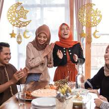 1pc Ramadan Wooden Hanging Decor, Star & Crescent + Lantern Ornament, No Power Needed, Eid Mubarak Party Supplies, Party Decoration - Gold - View 6