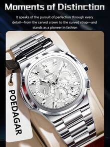 POEDAGAR 1pc Men's Stainless Steel Casual Date Chronograph Quartz Watch, Waterproof Luminous Pointer, Fashion Men's Wristwatch, Suitable For Daily Wear, Holiday/Birthday Gift - Silver - View 10