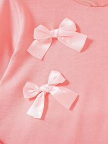 两件套女童休闲套装，纯色蝴蝶结装饰长袖上衣搭配印花仿牛仔图案长裤，春秋季