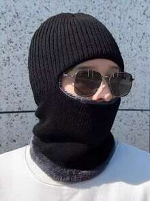 冬季针织拉法帽滑雪面罩 - 防风抓绒全脸面罩，男女通用单孔颈套针织帽