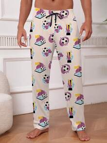 男士卡通足球印花休闲家居裤，春秋季 - 彩色 - 查看 1
