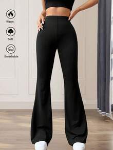Plus-Size Women's High-Waisted Solid Color Flared Leggings – Slim-Fit Yoga Pants With Slimming Effect For Running, Gym & Daily Workouts - Black - View 5