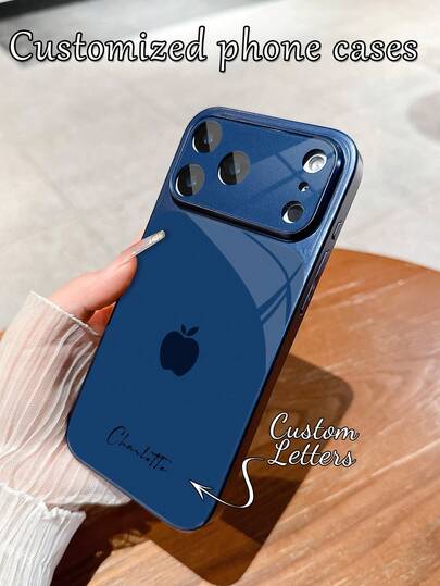 1 pieza Funda de teléfono personalizada minimalista con diseño de manzana azul, de lujo y moda, con vista amplia, de vidrio templado con protección de lente, mate y anti-caída, compatible con iPhone 17/17Pro/17ProMax/17Air/16/16Pro/16ProMax/16Plus/15/15Plus/15Pro/15ProMax/14/14Plus/14Pro/14ProMax/13/13Pro/13ProMax/12/11, accesorios de teléfono, cubierta protectora de alta gama de cobertura completa
