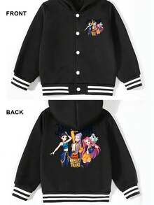 1 Piece  Cartoon Print Girls Baseball Jacket Winter Warm Zip Up Outerwear Street Style Casual School  Fashion - Black - View 3