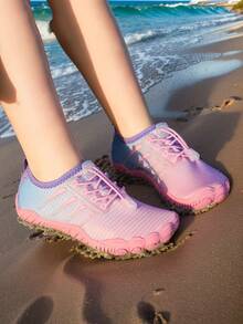 Kids Summer New Aqua Shoes, Striped Print, Breathable Mesh, Low-Top Hook And Loop, Quick-Dry Barefoot, Girls Beach/Swimming Shoes, Rubber Non-Slip Sole, Outdoor Cycling, Indoor Fitness Yoga Running Jumping Multifunctional Training Shoes - Pink - View 4