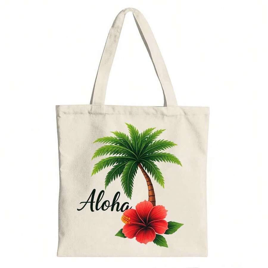 Tropical Aloha  Palm Tree And Hibiscus Flower Greeting Card DesignCanvas Tote Shoulder Bag - Apricot - View 1
