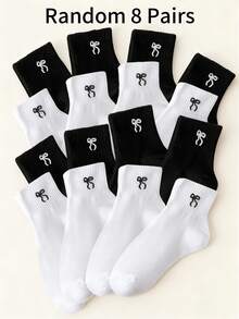 8 Pairs Random Mixed Color Solid Simple Style Children Socks, Versatile Casual Everyday Wear, Infant Mid-Calf Socks With Black & White Bow Pattern - Multicolor - View 11