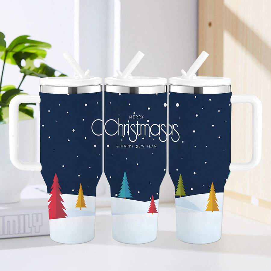 1pc 40oz Christmas Tumbler With Handle And Straw – 304 Stainless Steel Vacuum Insulated – Keeps Hot Cocoa Warm For 6H & Milkshake Cold For 12H – Ideal For Snowmobile Trips & Frozen Trails – Fits Car Cup Holders – Ride Ice & Sip Warm - 彩色 - 查看 1