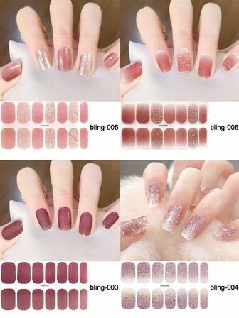 4张自粘防水持久3D时尚凝胶美甲贴片，带指甲锉