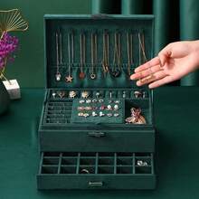 Large Green Suede Jewelry Box With Drawer + Key - 3 Layers - For Rings, Earrings And Necklaces - 彩色 - 查看 5