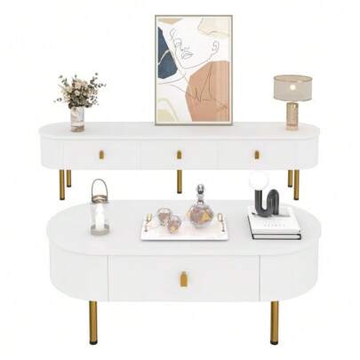 Lightweight Luxury TV Stand And Coffee Table Set, Ideal For The Living Room, With Drawers And Rounded Corners.