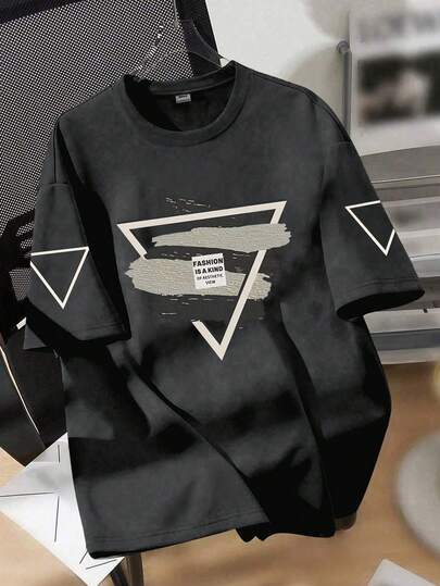 男童三角印花短袖T恤，街头艺术纹理，休闲校园装，1件装