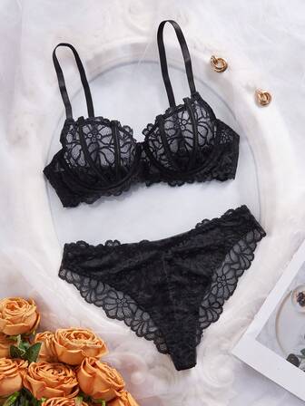 Sexy Lace Lingerie Set, Adjustable Bra & Panty Set, Sheer Underwear For Valentine's Day, Intimate Apparel For Couples, Nightclub Outfit