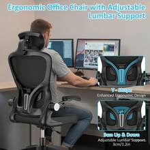 Ergonomic Office Chair With 360° Rotation, Adjustable Lumbar Support, Headrest And 90° Flip Up Armrest For Space Saving, Desk Chair Office Chair For Executive Work, Study, Home Office, 136KG Load Capacity - Black - View 8
