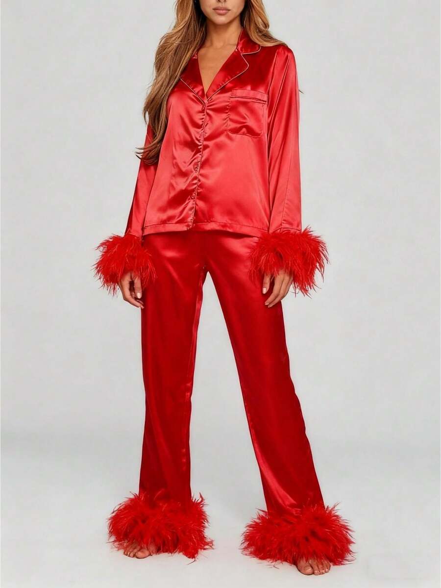 Women 2 Piece Satin Silk Pajama Set Fuzzy Trim Long Sleeve Lapel Neck Button Down T Shirt + Elastic Waist Wide Leg Long Pants Soft Sleepwear Fall Loungewear PJs Set - 紅色 - 查看 1