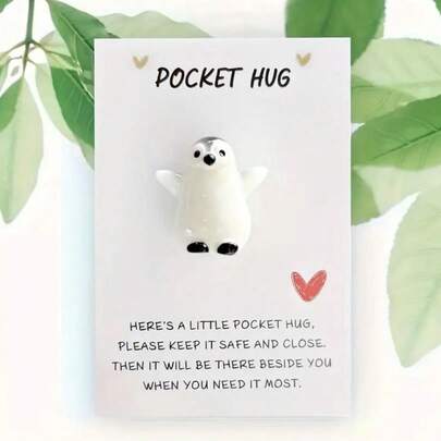 Resin Penguin Pocket Pillow & Inspirational Card - Cute Mini Penguin Figurine, Heart-Shaped Design, Perfect Christmas Holiday Greeting Card, Positive Energy Gift For Friends And Family, Holiday Gift Idea, Penguin Themed Gift, Pocket Pillow Card, Christmas Card With Envelope